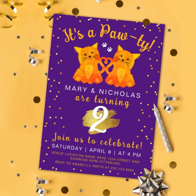 Pawty Lila Orange Twin Friend Kitten Joint Party Inbjudningar (Skapare uppladdad)