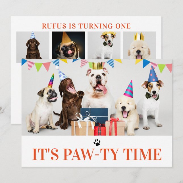 Pawty Time-Hund - födelsedag 5-fotokort Inbjudningar (Fram/baksida)