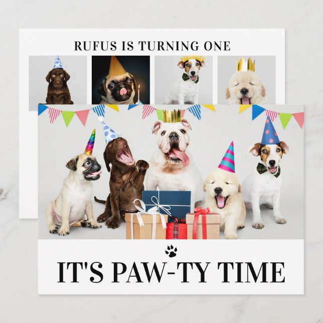 Pawty Time-Hund - födelsedag 5-fotokort Inbjudningar (Fram/baksida)