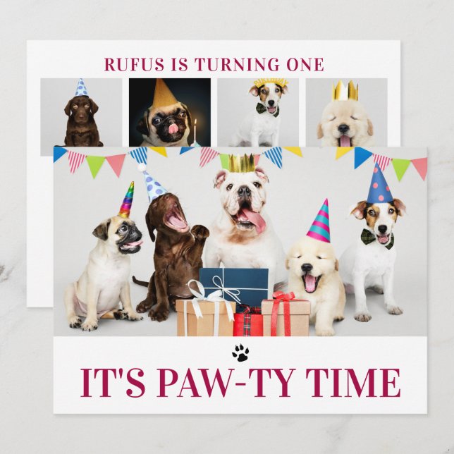 Pawty Time-Hund - födelsedag 5-fotokort Inbjudningar (Fram/baksida)