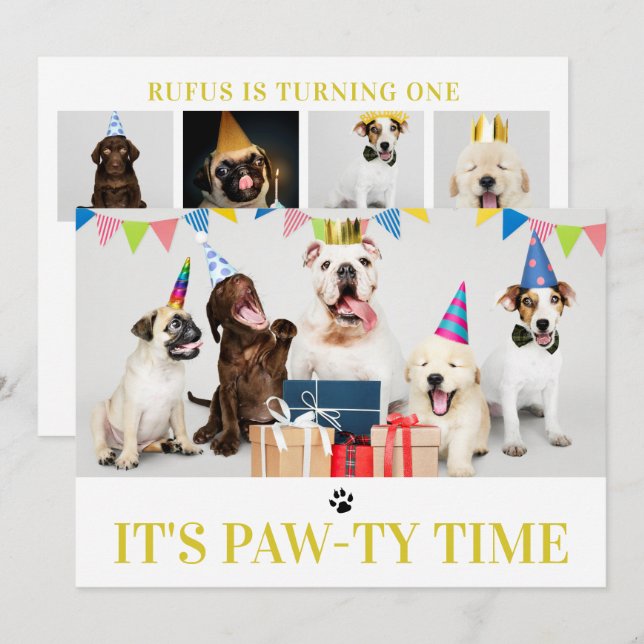 Pawty Time-Hund - födelsedag 5-fotokort Inbjudningar (Fram/baksida)