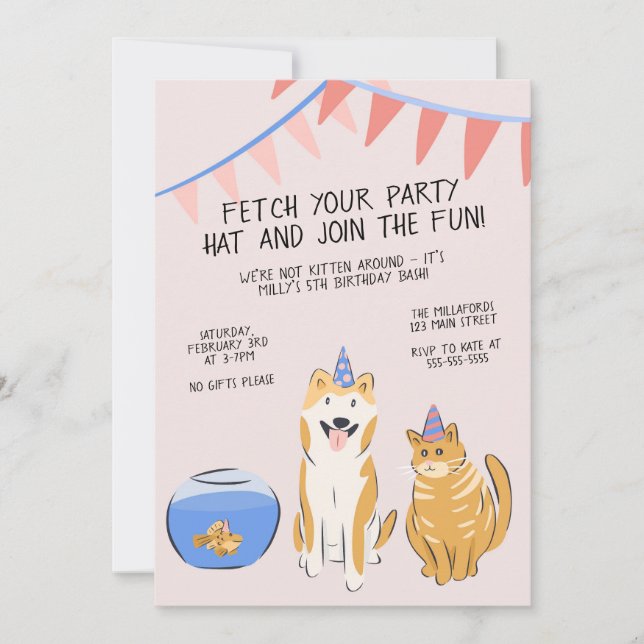 Pawty Time Kids Birthday Invitation | House Pets Inbjudningar (Framsida)