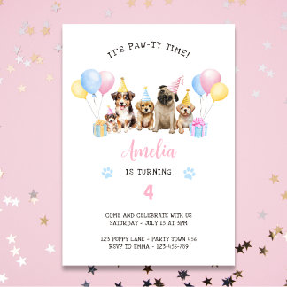 Pawty Time Puppy Födelsedagsfest Watercolor Inv. Inbjudningar