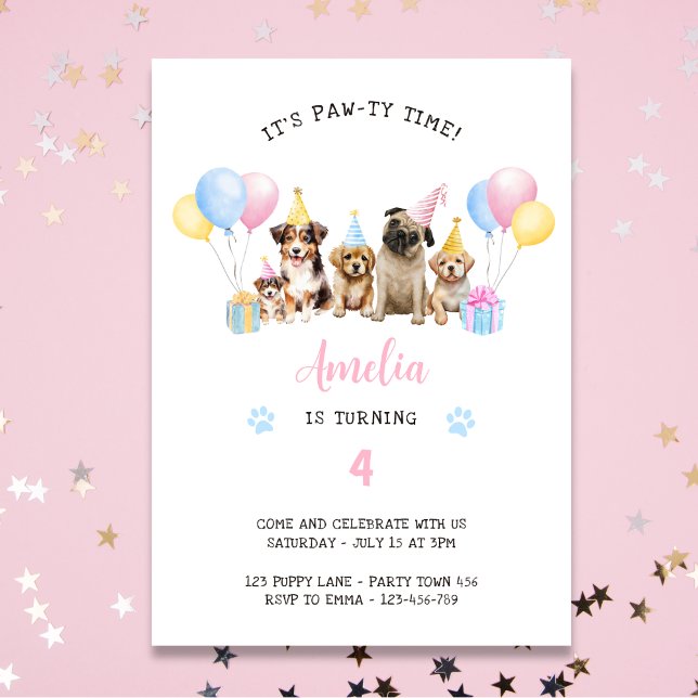 Pawty Time Puppy Födelsedagsfest Watercolor Inv. Inbjudningar (Skapare uppladdad)