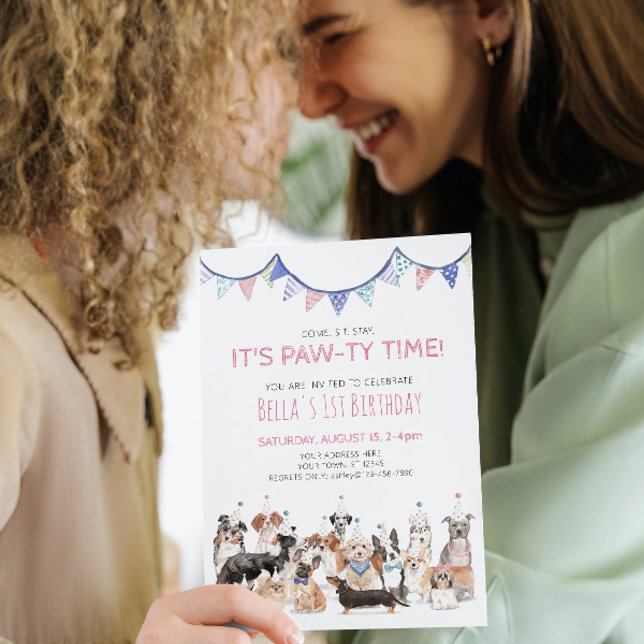 Pawty Time Valp Hund Födelsedagsfest Inbjudan (Skapare uppladdad)