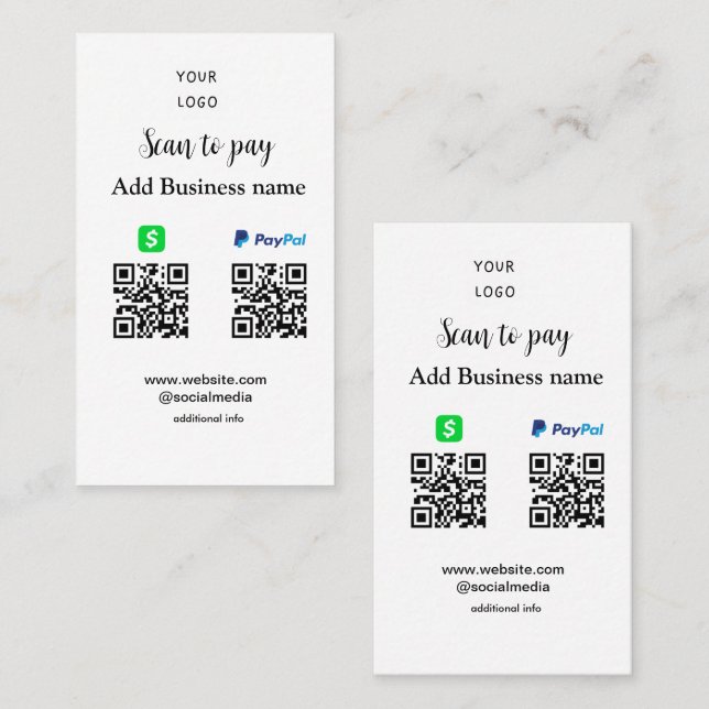 Paypal Cashapp-genomsökning för att betala QR-till Visitkort (Fram/baksida)
