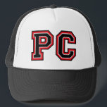 "PC" Monogram Trucker Hat Keps<br><div class="desc">PC monogram hat with red and black letters</div>
