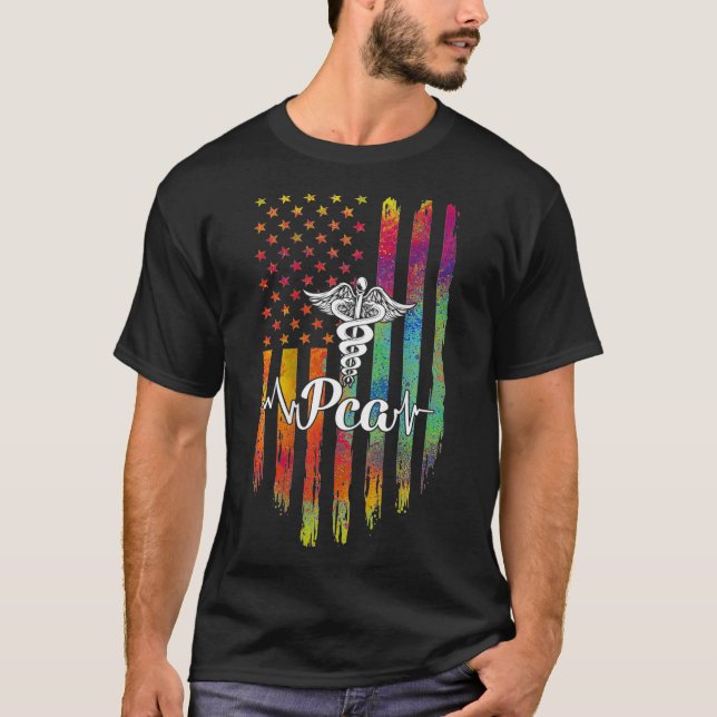 PCA Caduceus American Flagga USA Heartbeats Nurse  T Shirt (Framsida)