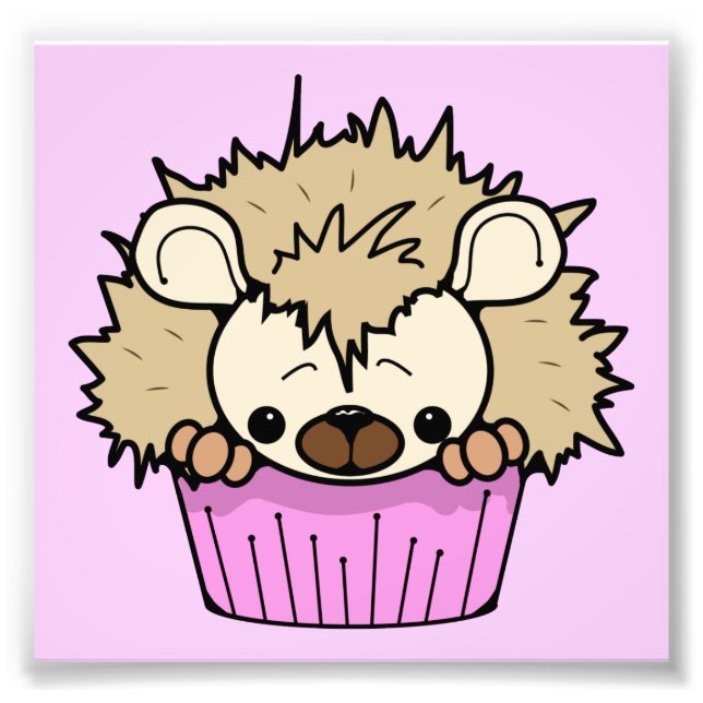 PCH CUTE TECKNAD PASTEL ROSA HEDGEHOG CUPCAKE HAPP FOTOTRYCK (Framsidan)