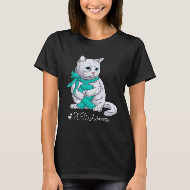 PCOS Awareness Month Teal Ribbon Cat T Shirt (Framsida)
