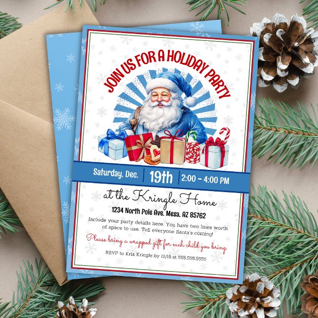 PD Blue Santa Julfest-inbjudan Inbjudningar (Festive blue Christmas holiday party invitation for law enforcement police department or kids party)