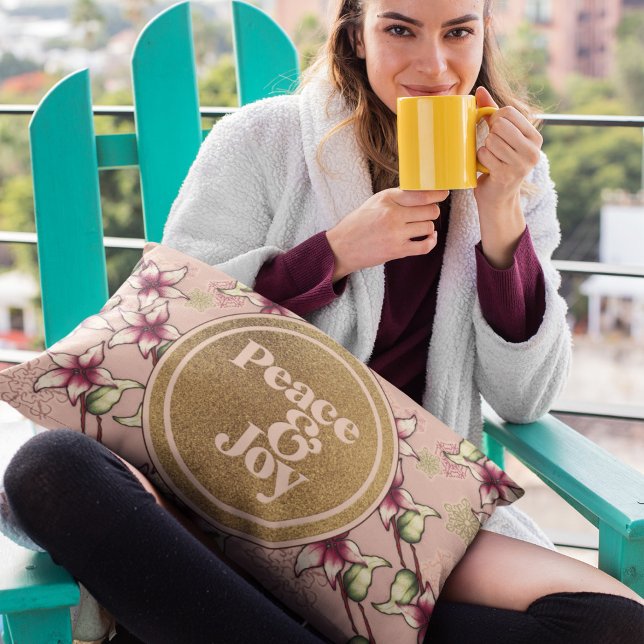 Peace and Joy Rosa Poinsettia jul Prydnadskudde (Peace and Joy Pink Poinsettia Christmas Accent Pillow.)