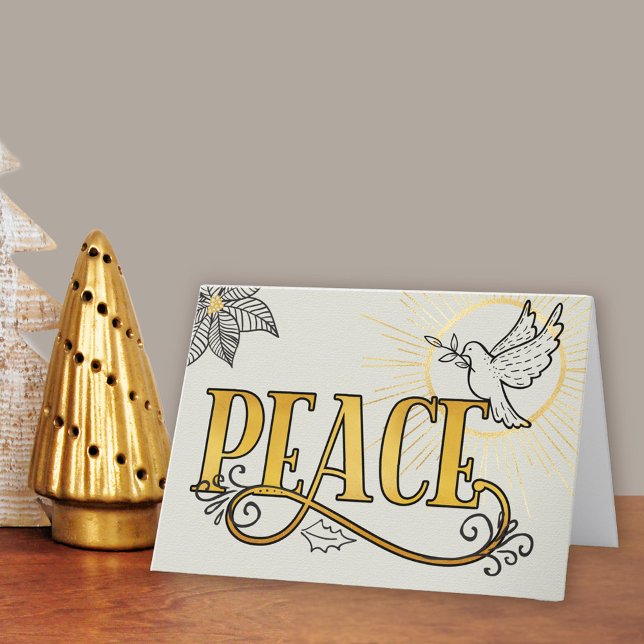 Peace Black Guld Typography Radiant Dove Business Helgkort (Peace Christmas Card. Buy professionally printed or as a printable digital download.)