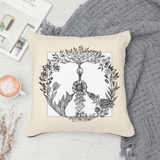 Peace Blommigt Teckning Cute Boho Hippie Flowers A Kudde (Skapare uppladdad)