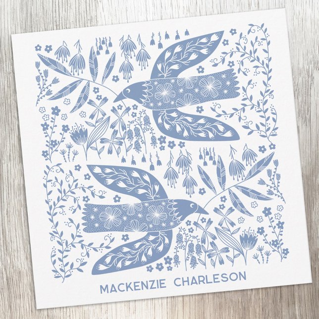 Peace Dove Blue Bird Personalized Name Anteckningskort (Personalized custom name peace doves blue and white bird folk art notecards)