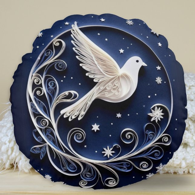 Peace Dove Faux Papercraft Bird Blue jul Rund Kudde (A personalized round throw pillow with Christmas dove design and festive greeting on the back)