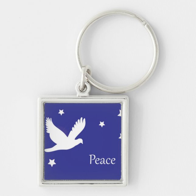 Peace Dove Fyrkantig Silverfärgad Nyckelring (Framsidan)