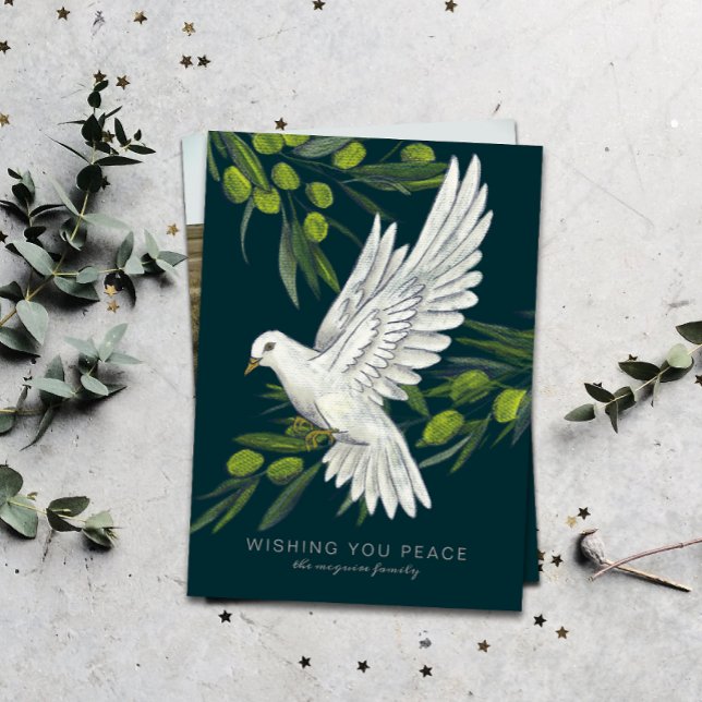 Peace Dove och Olive Grenar Helgdag Card Inbjudningar (a flat Christmas card with the message "wishing you peace" and an illustrated white dove)
