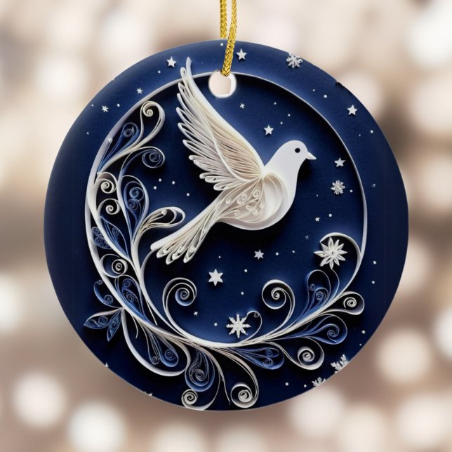 Peace Dove White Bird Faux Papercraft jul Julgransprydnad Keramik (A Christmas ornament with dove of peace design, plus a greeting and custom text on the other side.)