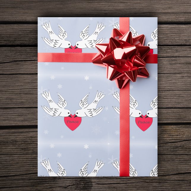 Peace Doves Heart Snöflingor Birds Presentpapper (Two white doves holding red heart with word Peace on light blue with snowflakes roll gift wrap paper)