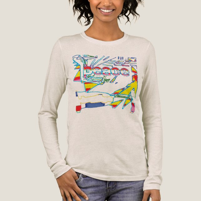 "Peace"-grafik med Gult Red Rosa Blue Design T Shirt (Framsida)