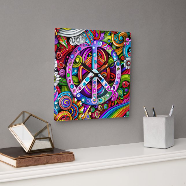 Peace Graphic Doodle Art Fyrkantig Klocka (Kontor)