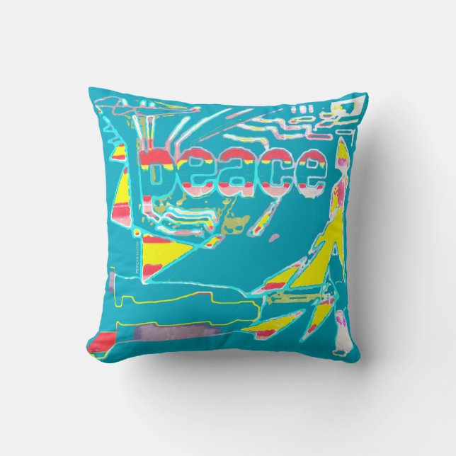 Peace Graphic Red Gult Aqua Rosa White på Teal Kudde (Framsida)
