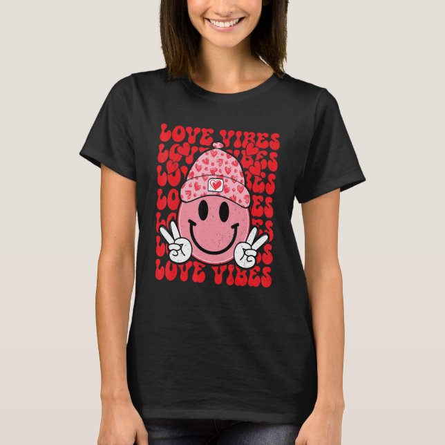 Peace Hand Sign Retro Smile Face Love Vibes Valent T Shirt (Framsida)