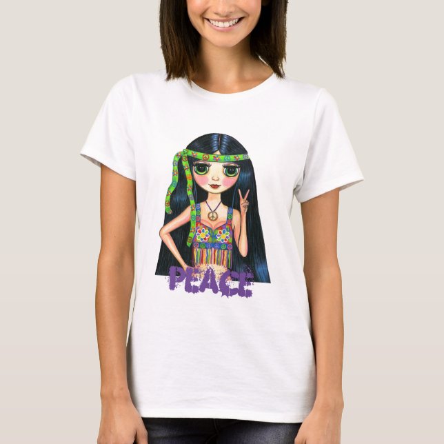 Peace Hippie Girl med Fringed Vest & Headband T Shirt (Framsida)