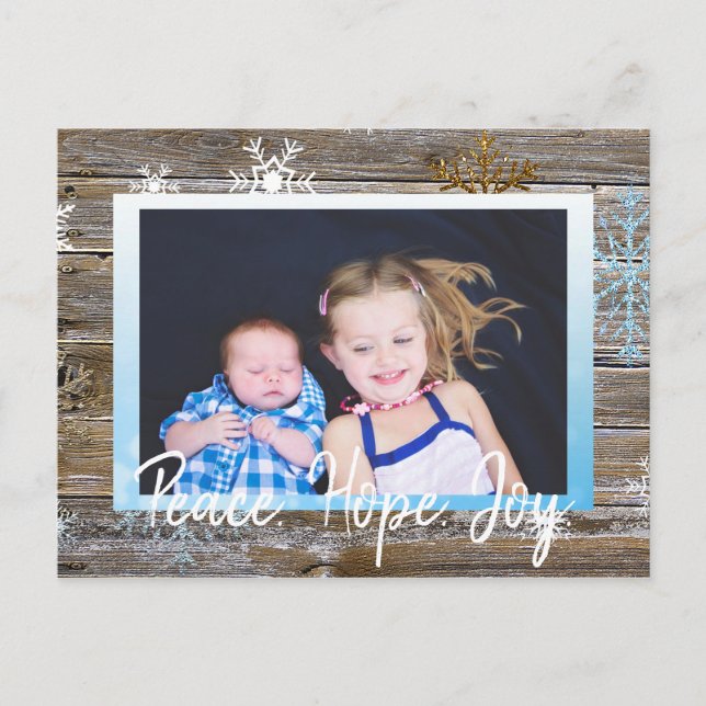 Peace Hope Joy Family Photo Rustic Wood Snöflingor Vykort (Framsida)