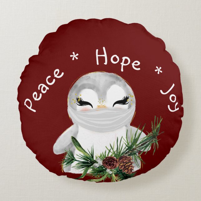 Peace Hope Joy Mask Penguin Rund Kudde (Framsidan)
