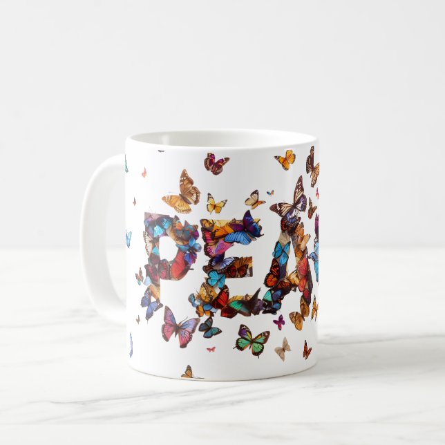 PEACE Joy Butterflies | Inspirational Motivational Kaffemugg (Framsida vänster)