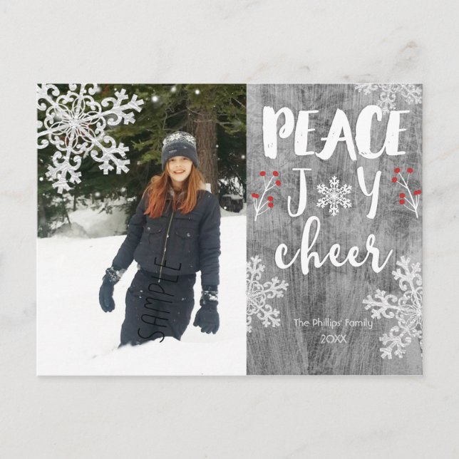 Peace Joy Cheer Silver Snowflake Helgdag Photo Helg Vykort (Framsida)