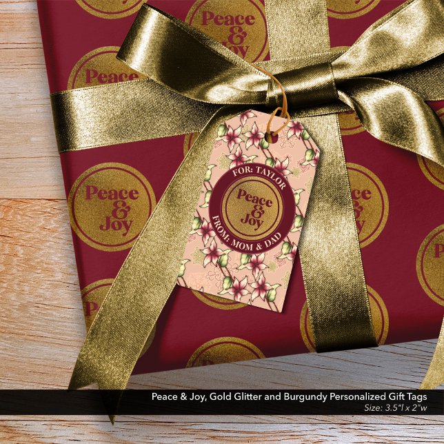 Peace & Joy Guld Glitter Rosa Burgundy Presentetikett (Peace & Joy Gold Glitter, Pink, and Burgundy Christmas Gift Tags Personalized with Your Names.)