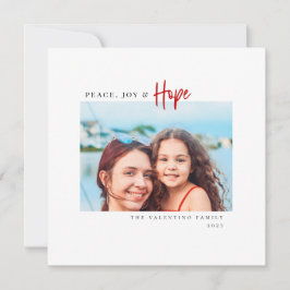 Peace Joy Hope Modern Red Script Minimalist Photo Julkort