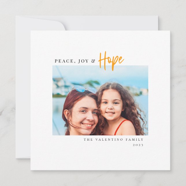 Peace Joy Hope Modern Script Minimalist Photo Julkort (Framsida)