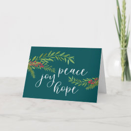 Peace Joy Hope Watercolor Foliage Teal jul Helgkort