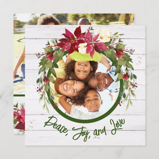 Peace Joy Kärlek 2 Photo Poinsettia Blommigt jul Julkort (Fram/baksida)