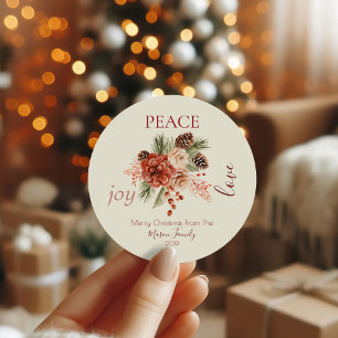 Peace Joy Kärlek Beige Blommigt - jul Runt Klistermärke