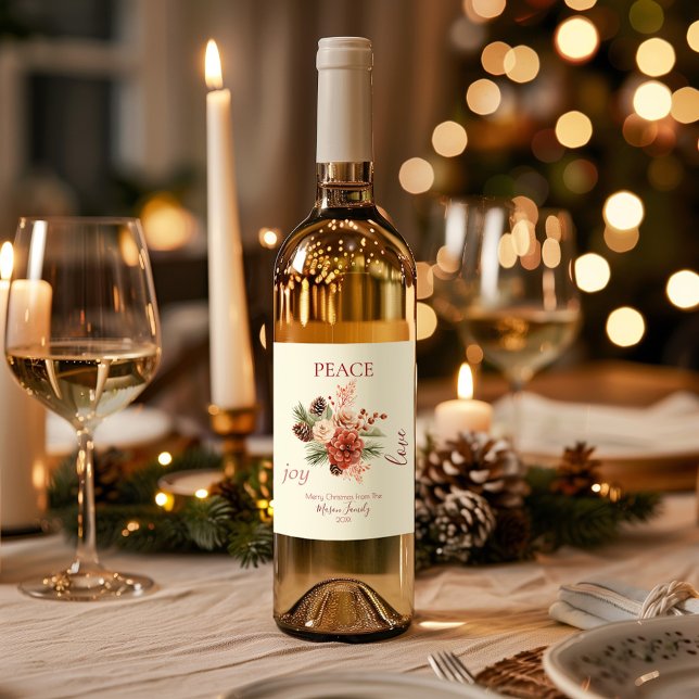 Peace Joy Kärlek Beige Blommigt - jul Vinflaska Etikett (Wine Label)