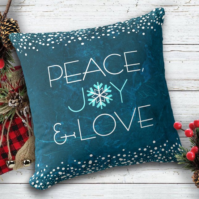 Peace Joy Kärlek Chic Modern Snowflake på Blue Kudde (Skapare uppladdad)