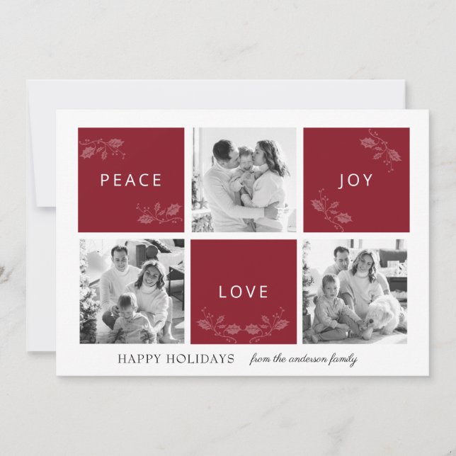 Peace Joy Kärlek Maroon Photo Collage Helgdag Card Julkort (Framsida)