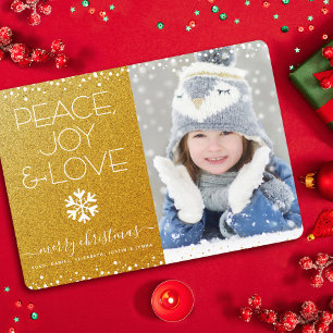 Peace Joy Kärlek Photo Bold Snowflake Guld jul Julkort
