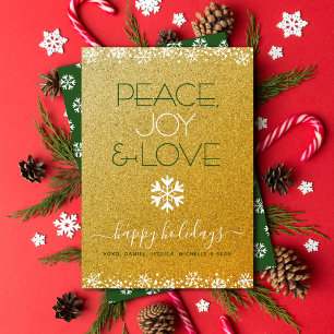 Peace Joy Kärlek Typography Snowflake Guld Glitter Julkort