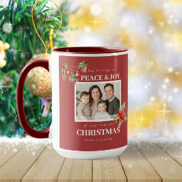 Peace Joy Red Poinsettia Family Photo Christmas Mugg