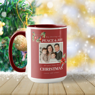 Peace Joy Red Poinsettia Family Photo Christmas Mugg