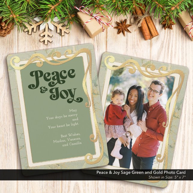 Peace & Joy Sage Grönt och Guld Photo Card Julkort (Peace & Joy, Sage Green and Gold Holiday Photo Greeting Card)