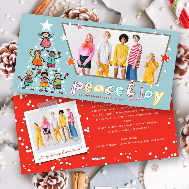 Peace & Joy Tecknad Julgran Kids Roligt Photo Julkort (Peace & Joy Colorful Cartoon Christmas Tree Kids Fun Photo Holiday Card @ fat_fa_tin)