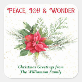 Peace Joy & Wonder Red Poinsettia Christmas Fyrkantigt Klistermärke