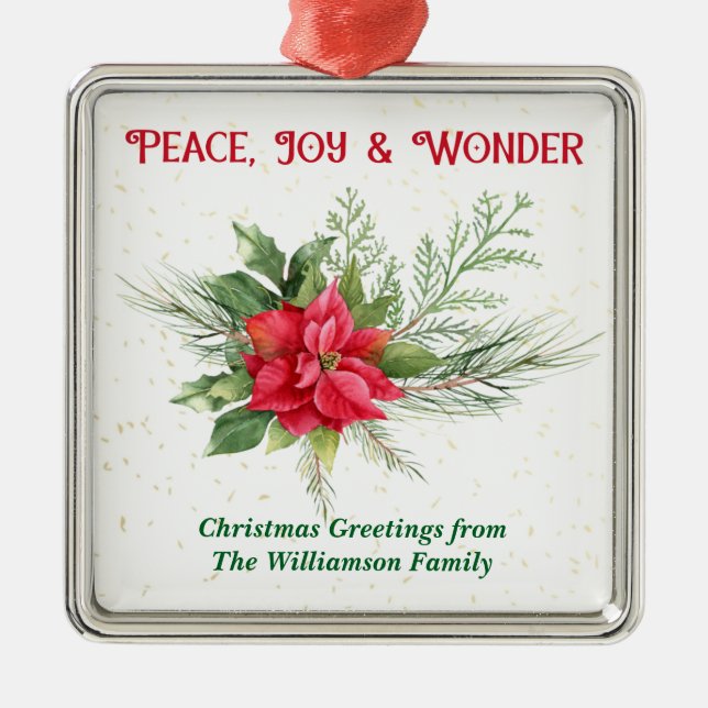 Peace Joy & Wonder Red Poinsettia Christmas Julgransprydnad Metall (Framsidan)